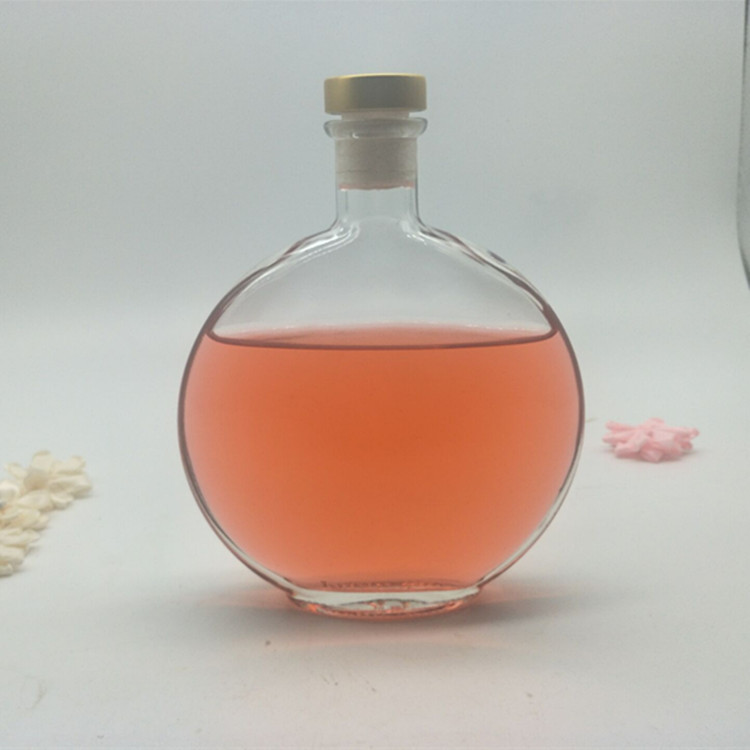 批发300毫升扁圆型泡酒瓶香薰玻璃瓶可丝印烤花木塞口玻璃酒瓶