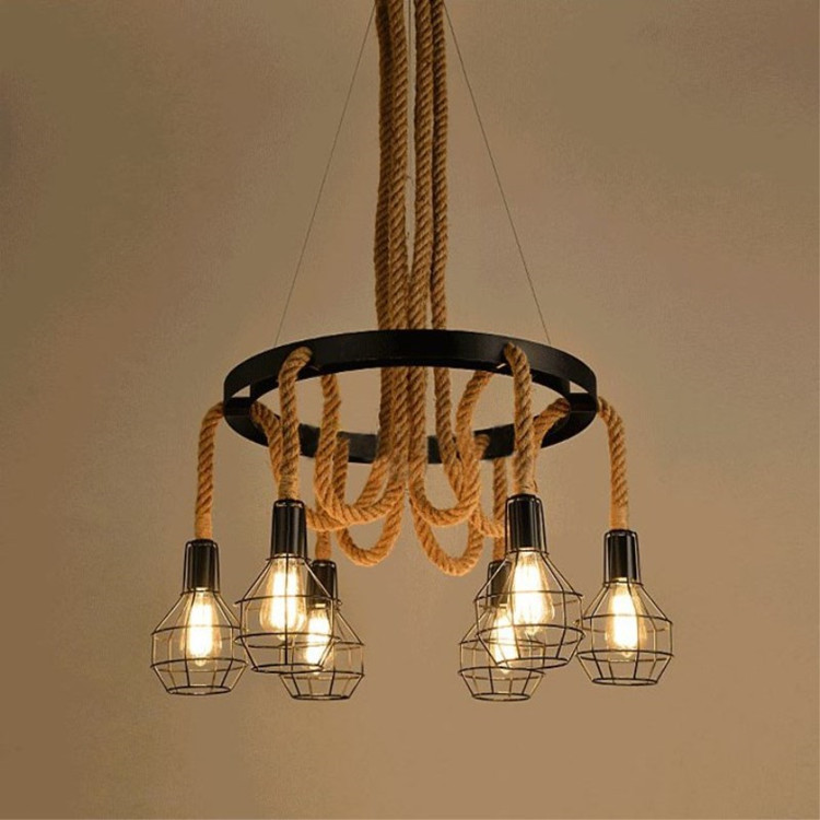 6头麻绳吊灯北欧铁艺复古吊灯工业风吊灯手雷8头麻绳吊灯具灯饰