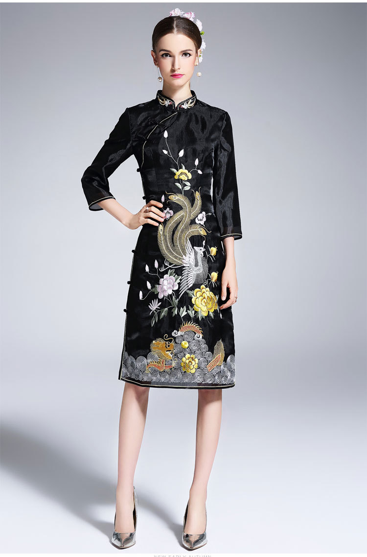 中式服装女刺绣走秀欧根纱改良版旗袍连衣裙 旗袍礼服批发9559