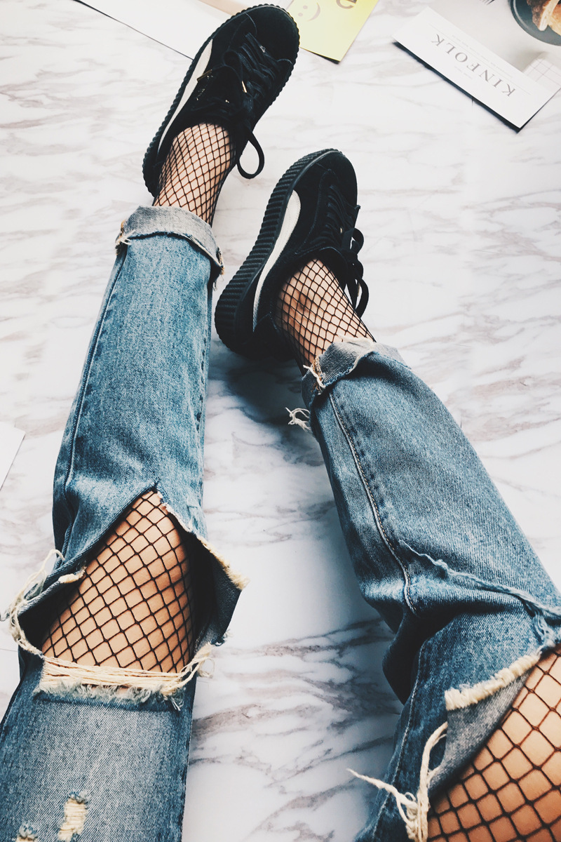 欧美牛仔裤破洞白红色网袜打底袜 性感渔网袜连裤袜一体网裤现货