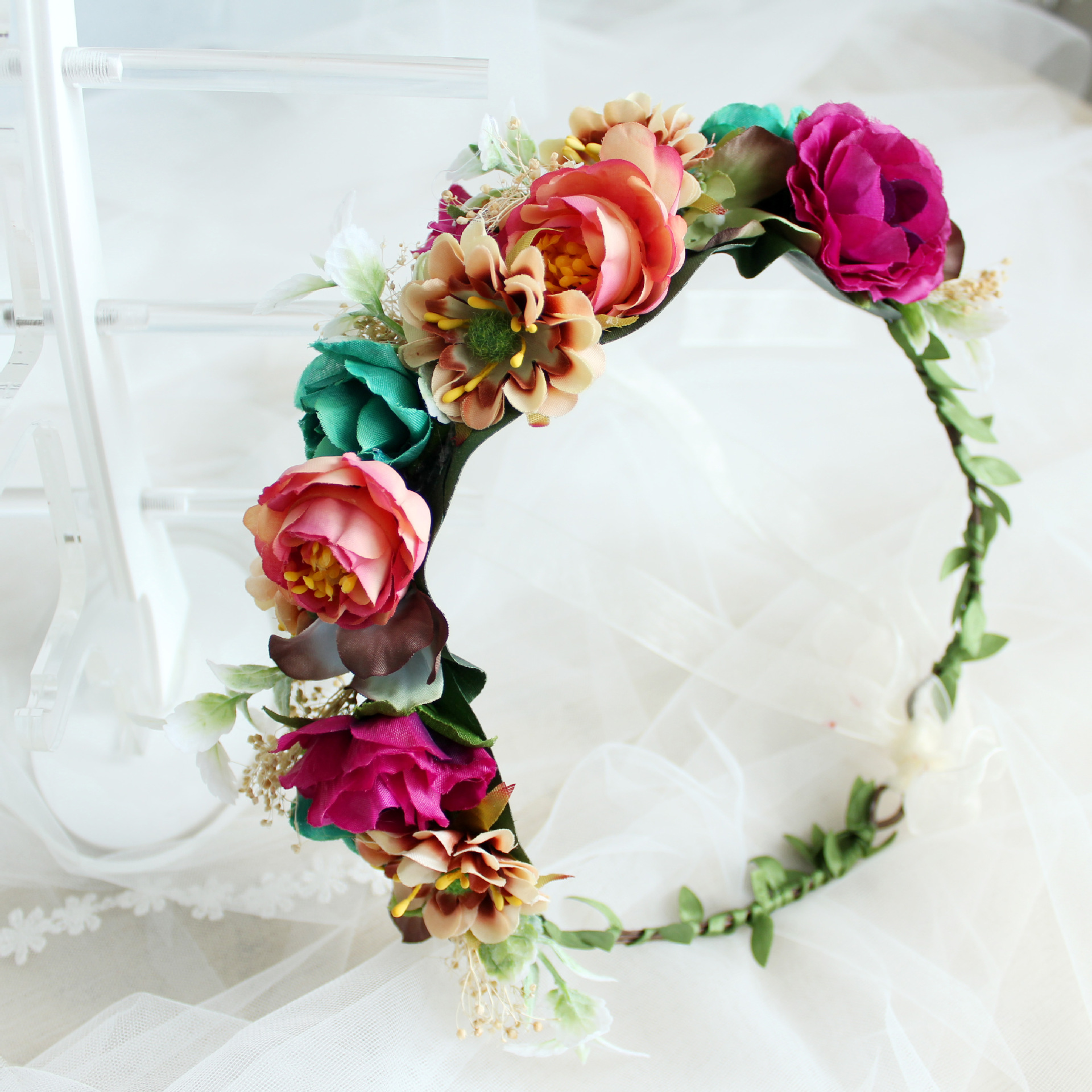 复古花环批发 手工头饰 欧式新娘结婚仿真花头花丝带头环波西米亚