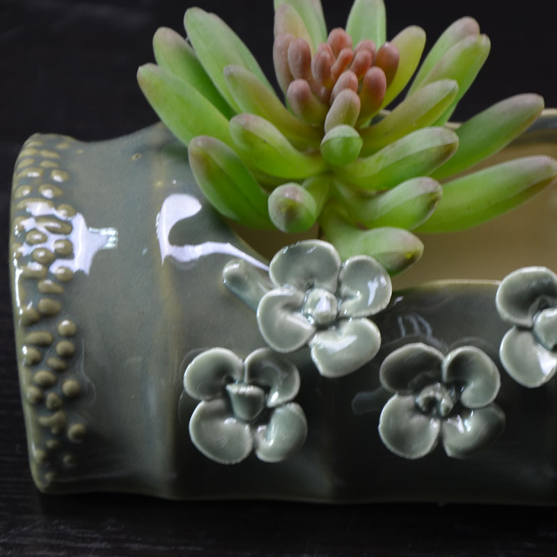 绿色植物彩釉花盆窑变釉竹节形多肉陶瓷花盆