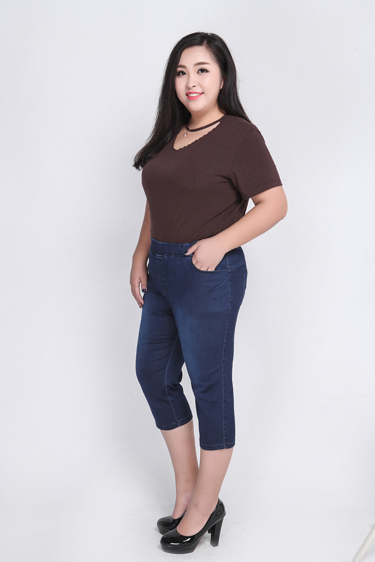 外贸特大码女装200斤胖mm牛仔裤2019夏装弹力七分牛仔裤子加大