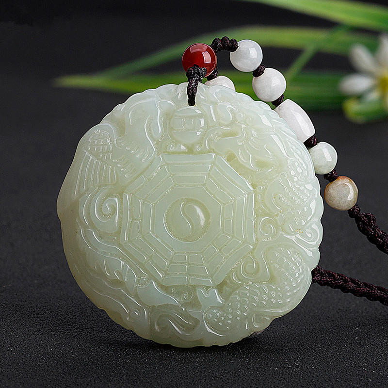 新疆和田玉白玉龙凤八卦吊坠男女款八卦玉牌玉挂件送证书