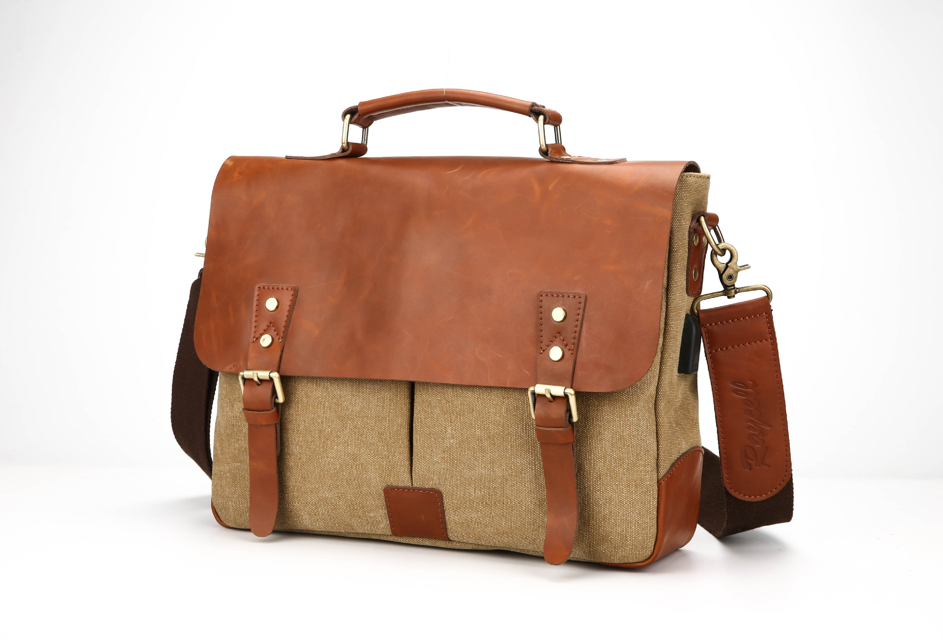 此款帆布配疯马皮包可用来样定做,款式颜色多种多样,可以插到拉杆箱上