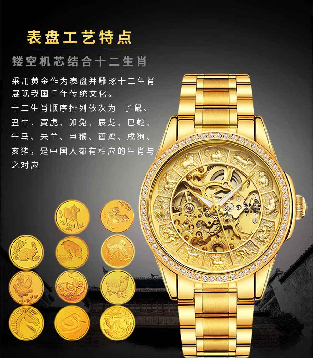 中国文化表赛娜斯119 十二生肖钢带手表时尚镂空全自动男士机械表