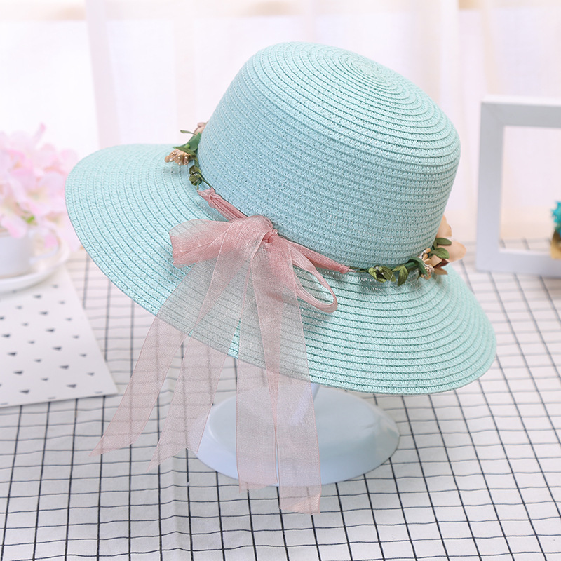 小花环丝带草编帽女时尚服装修饰帽子沙滩旅行遮阳帽一件代发