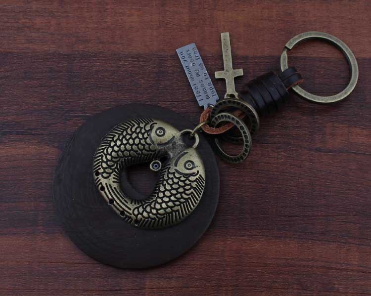 复古青铜双鱼挂件编织牛皮钥匙扣克创意钥匙扣男女小礼品批发