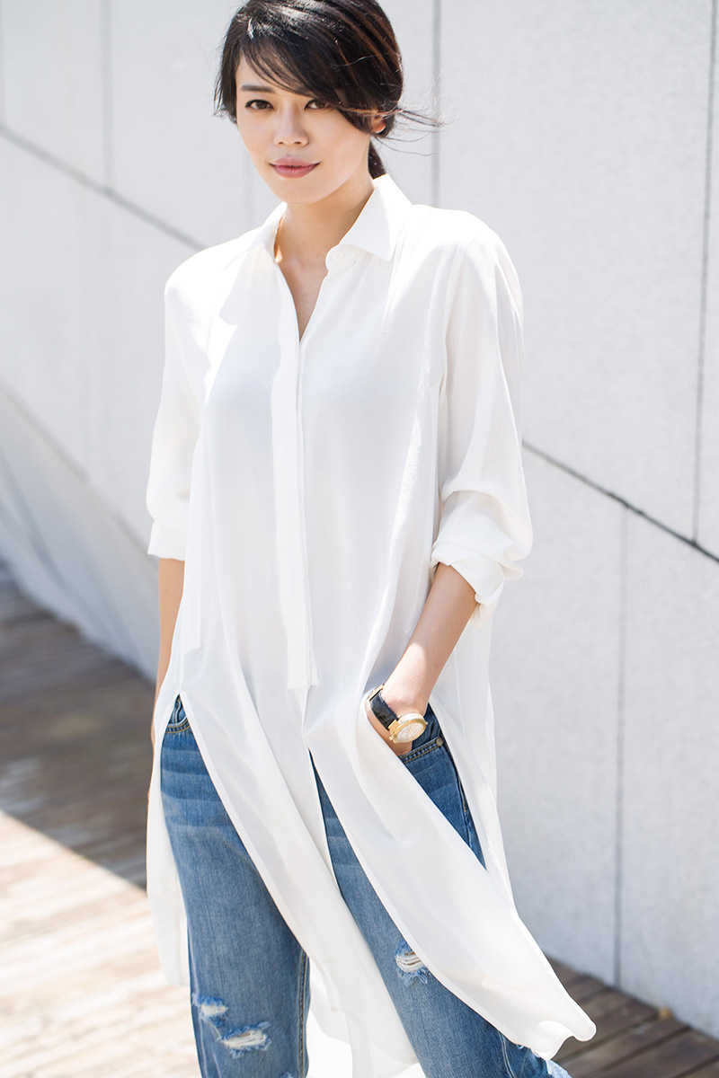 现货真丝衬衫女长款桑蚕丝白上衣长袖侧开叉少年感冷淡风衬衫女夏