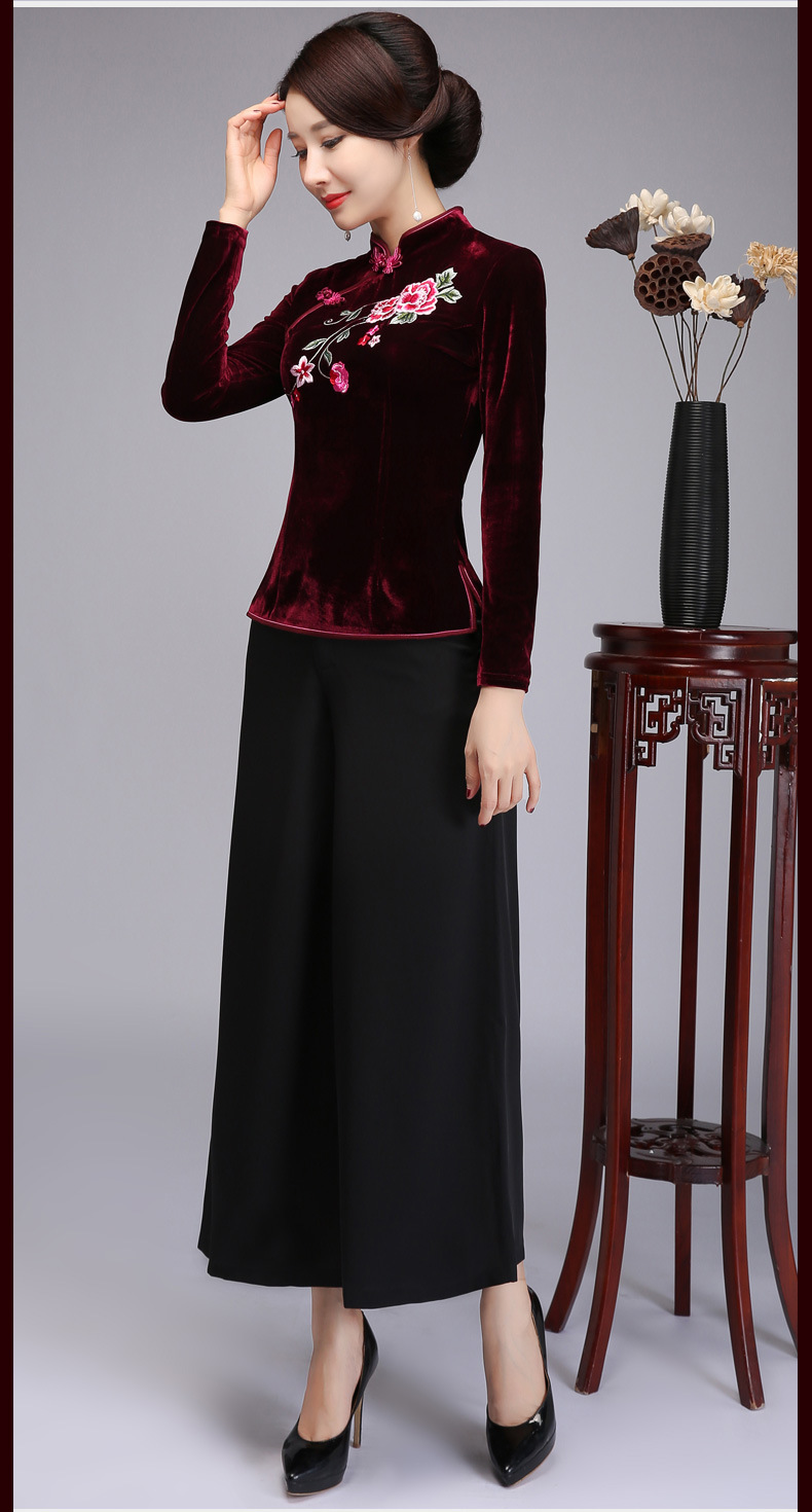 长袖丝绒旗袍上衣短款改良丝绒唐装套装女大码妈妈装婚宴礼服刺绣