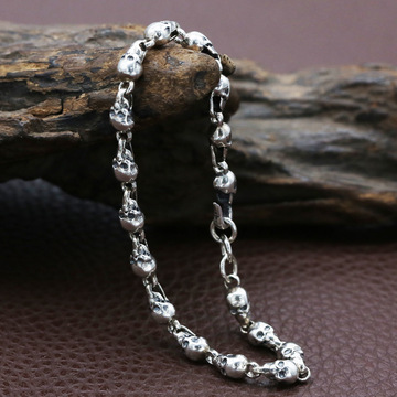 925纯银时尚潮流饰品 复古泰银骷髅头手链个性女学生简约细链