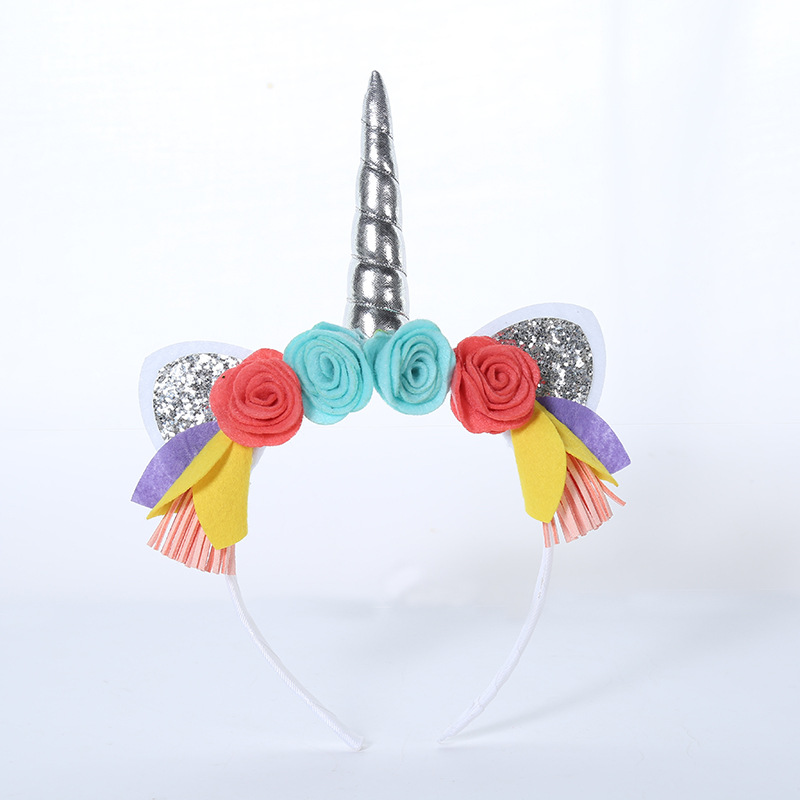 2023 Cross-Border New Arrival Ornament Unicorn Headband Cute Flowers Little Girl Head Buckle Onion Powder Sequins Children's Headband