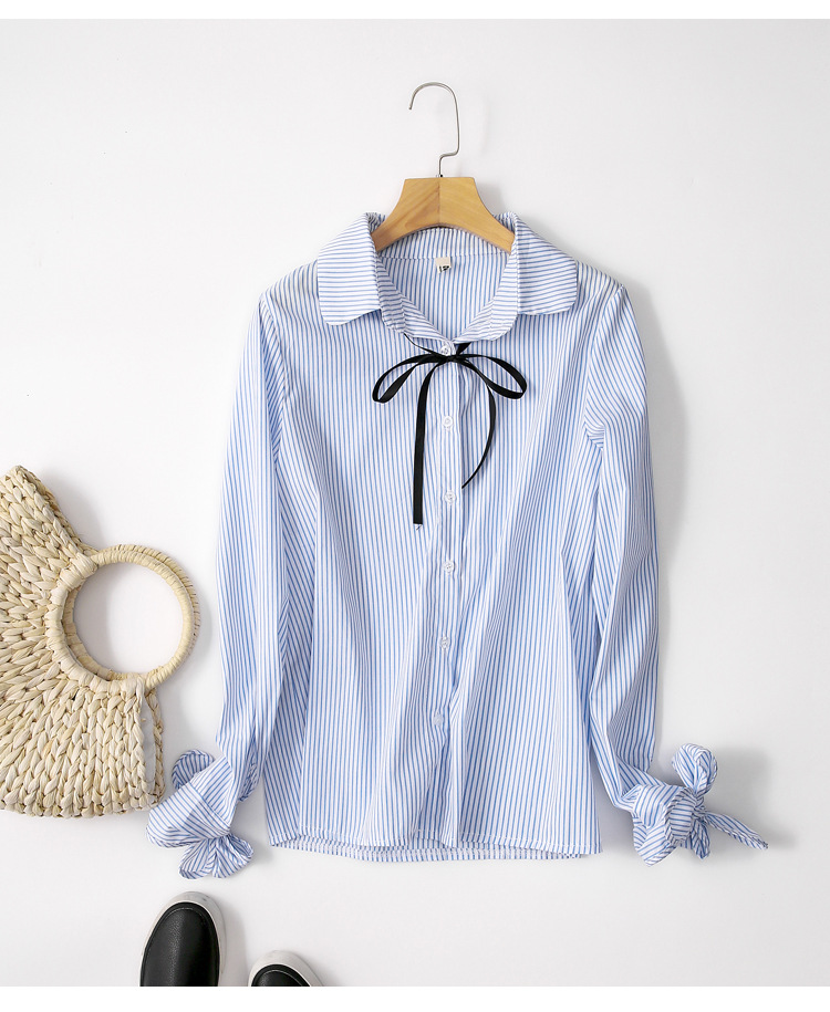 7525#秋季新款韩版蝴蝶结系带袖口长袖条纹衬衫女上衣配丝带百搭