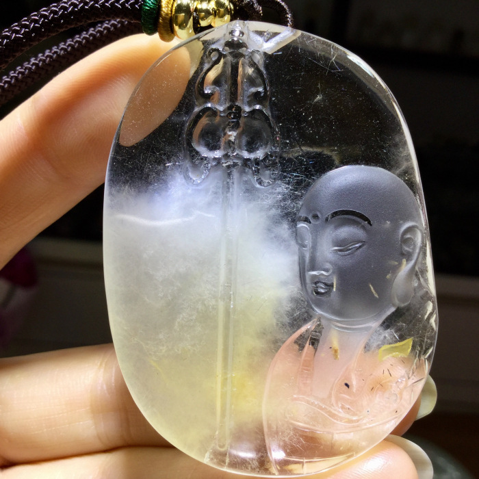 东海水晶 天然精雕黄兔毛白兔毛地藏王吊坠