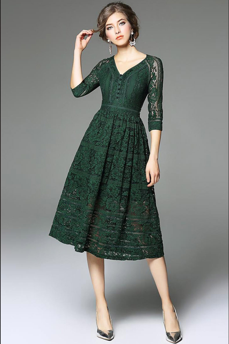 2017春季新款欧美时尚精品女装礼服v领七分袖修身蕾丝连衣裙