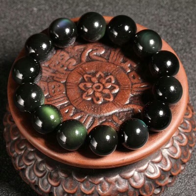 东海润青水晶天然全绿眼黑曜石时尚简约单圈手链男女款手串首饰