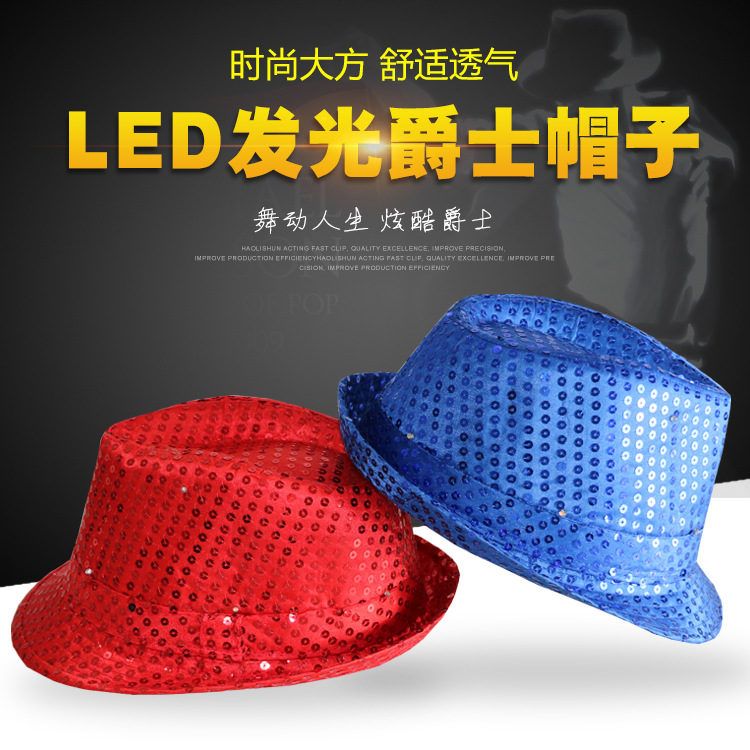 Factory Direct Sales LED Luminous Colorful Flash Fedora Hat Adult and Children Sequins Fedora Hat Stage Performance Top Hat