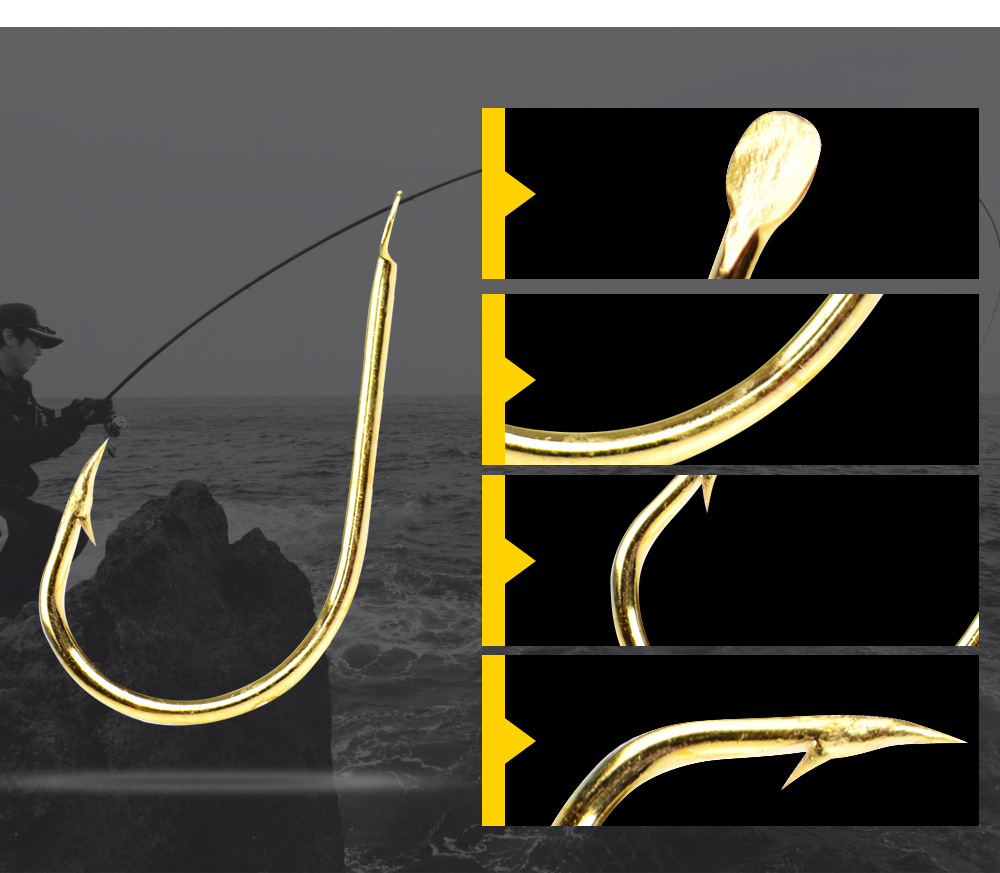 fish king 1#-10#金色打扁千又钩套装 高碳钢带倒刺鱼钩厂家直销