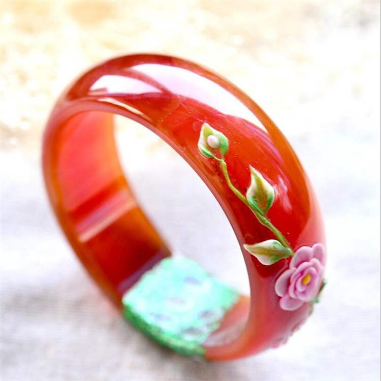 天然玉髓雕花孔雀玛瑙手镯清新复古女士加宽彩绘窄版手镯会销礼品