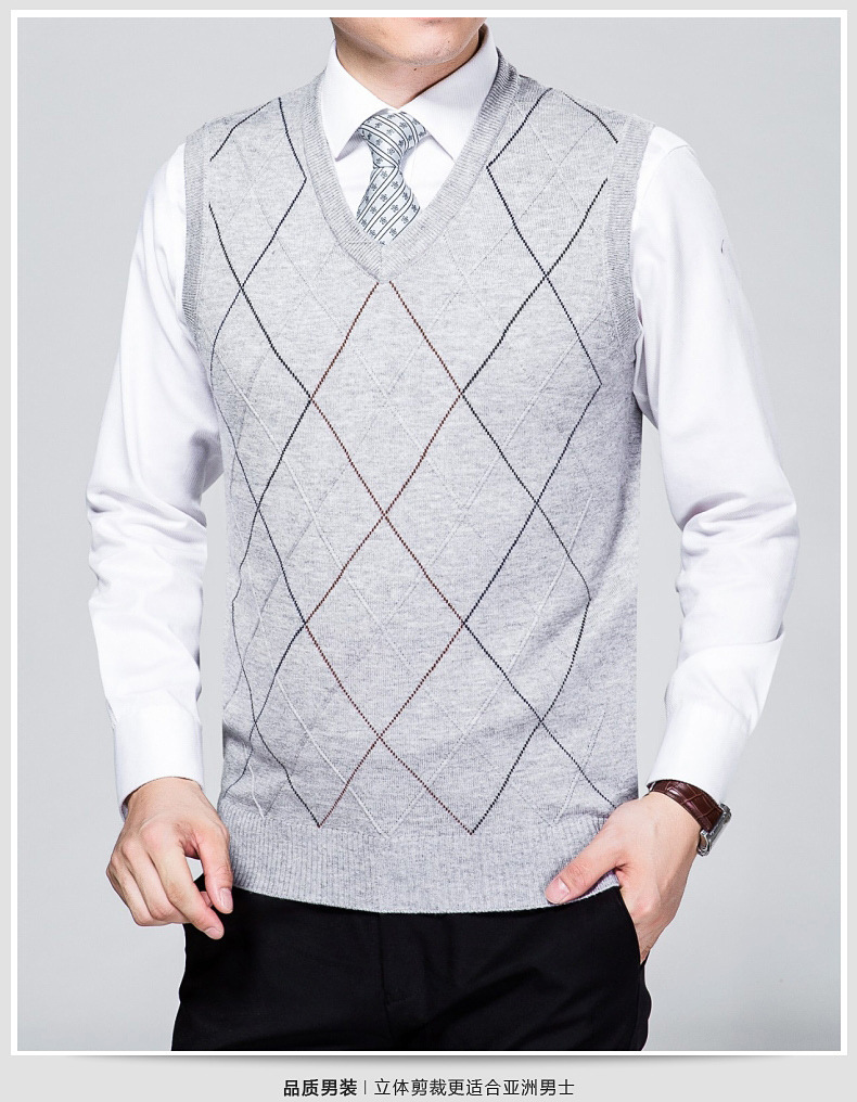 青年男士秋冬v领套头羊毛开背针织无袖打底马甲爸爸装毛衣背心