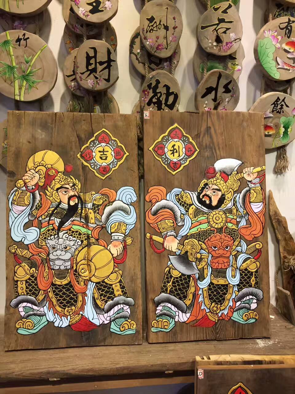 门神风化木版画手绘樟木老门板装饰画中式客厅玄关会所酒店民宿