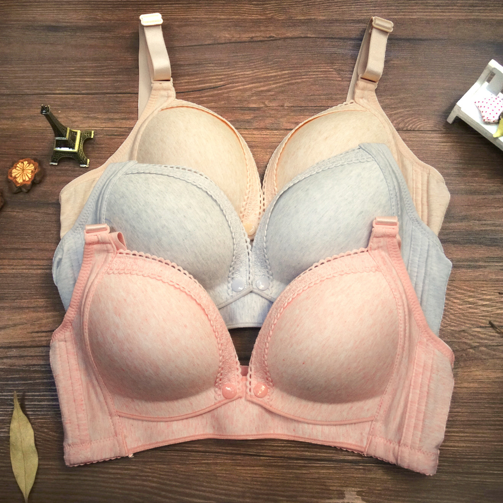 现货批发纯棉哺乳文胸前开扣薄杯无钢圈彩棉喂奶孕妇内衣大码胸罩