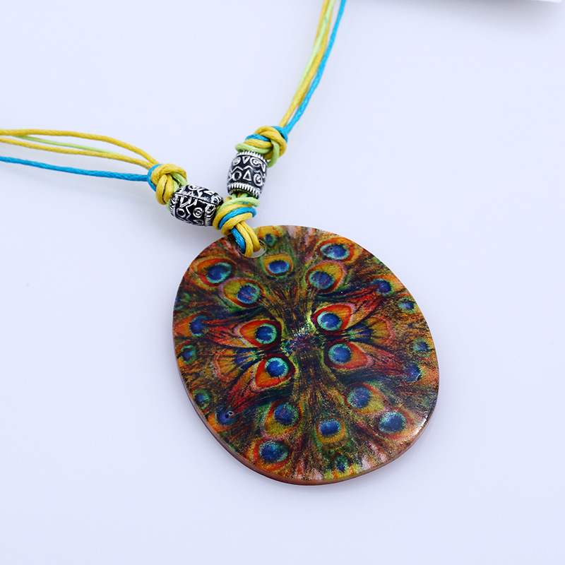 波西米亚民族风饰品 几何形贝壳彩绘孔雀羽吊坠项链耳环套装