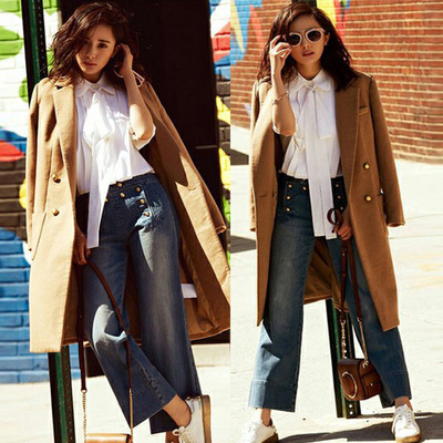 杨幂明星同款2018新款杂志拍摄蓝色水洗磨白阔腿裤牛仔裤长裤女潮