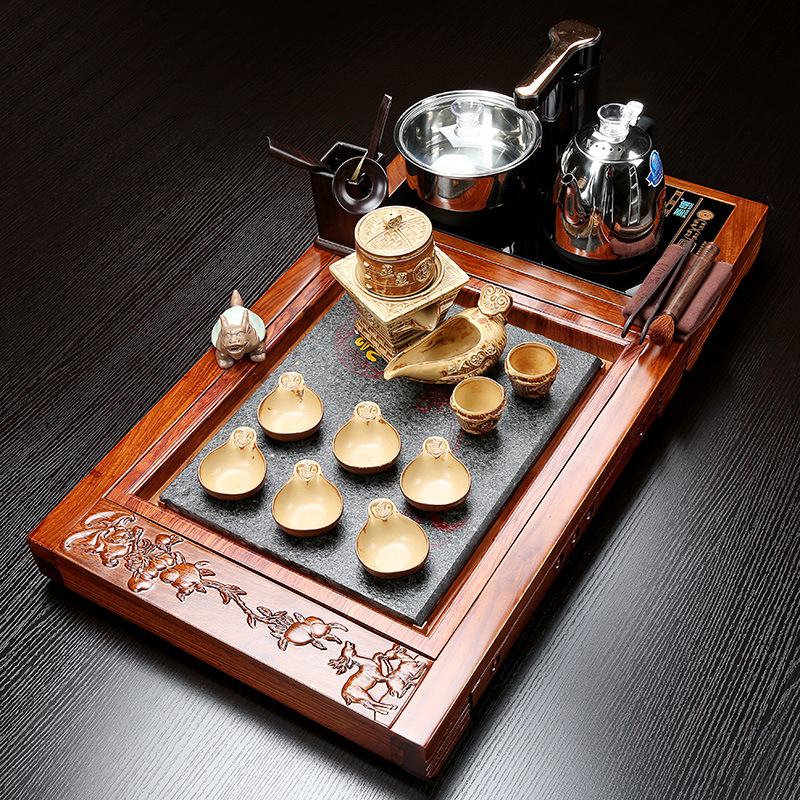 新款全自动功夫茶具套装整套 四合一电磁炉实木茶盘花梨黑檀鸡翅