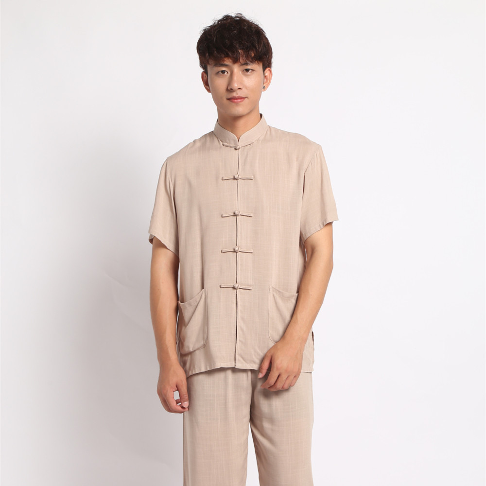 夏季中老年男士纯色短袖长裤套装盘扣棉麻中式唐装晨练服