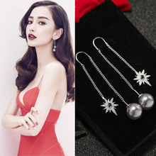 s925纯银耳钉 韩版时尚长款珍珠锆石耳线 纯银耳环 女款 耳饰