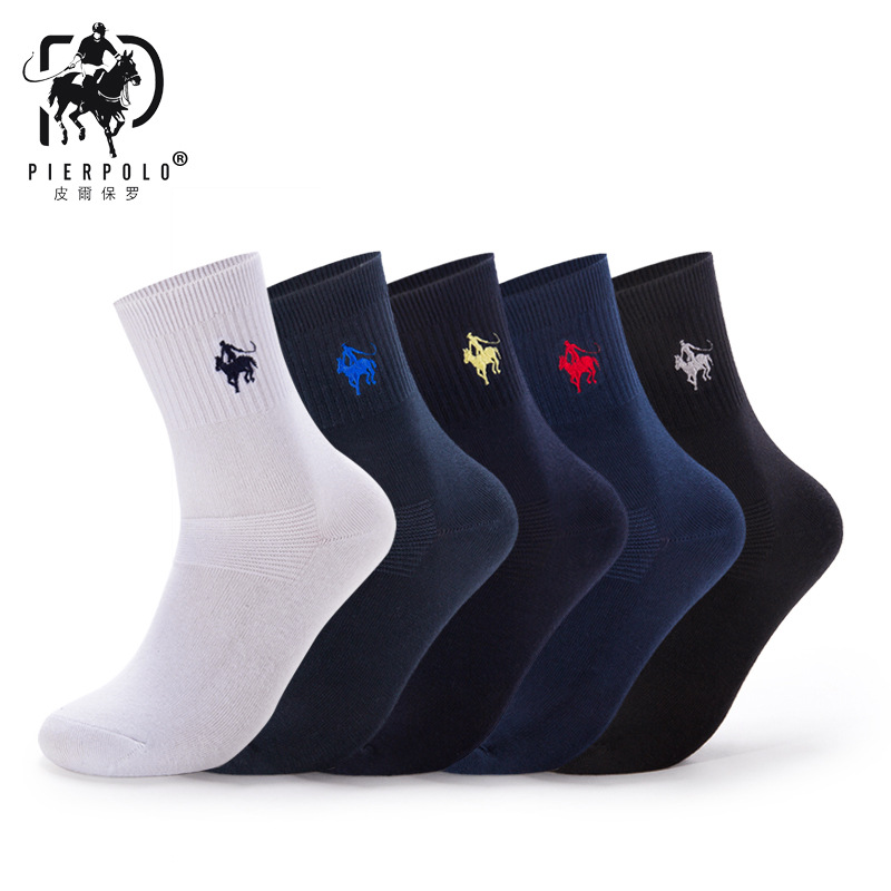 Pierpolo Double Needle Cotton Socks Men's Cotton Socks Embroidery Men's Socks Solid Color Socks Sweat-Absorbent Breathable Mid-Calf Socks Wholesale