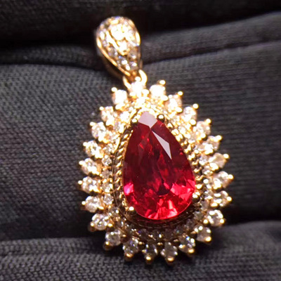 欧美高端奢华戴妃款红宝石吊坠18k真金真钻镶天然彩色宝石吊坠女