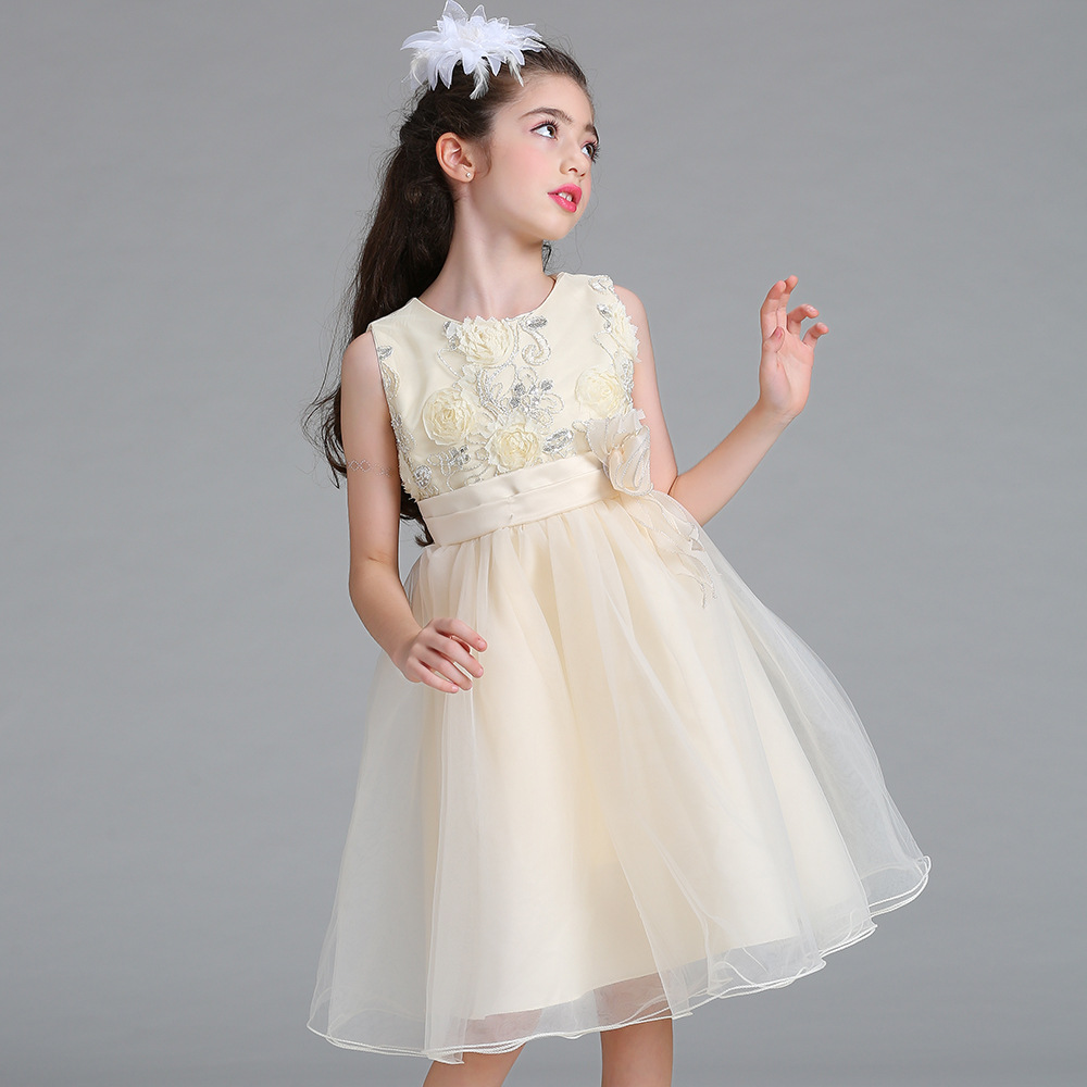 跨境儿童婚纱礼服裙花童刺绣花朵礼服童连衣裙kid dress童礼服裙