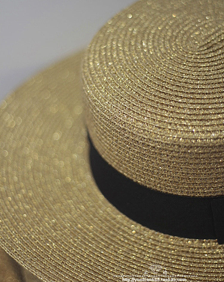 欧美复古金色编织草帽小蜜蜂女士时尚大檐防晒出游遮阳平顶帽夏潮