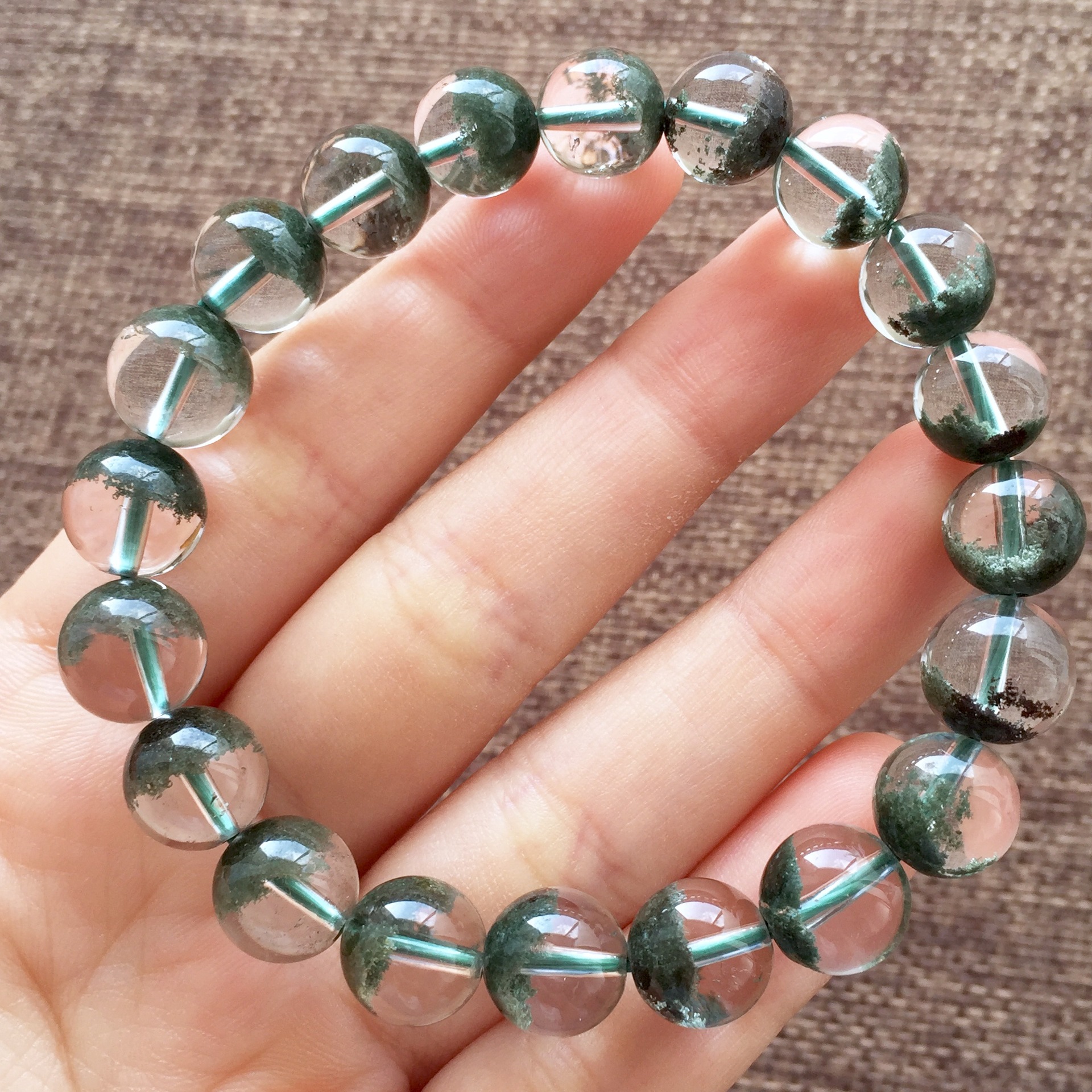 天然聚宝盆手链 绿幽灵翠绿男女款 12mm 招财 通透 绿幽灵水晶