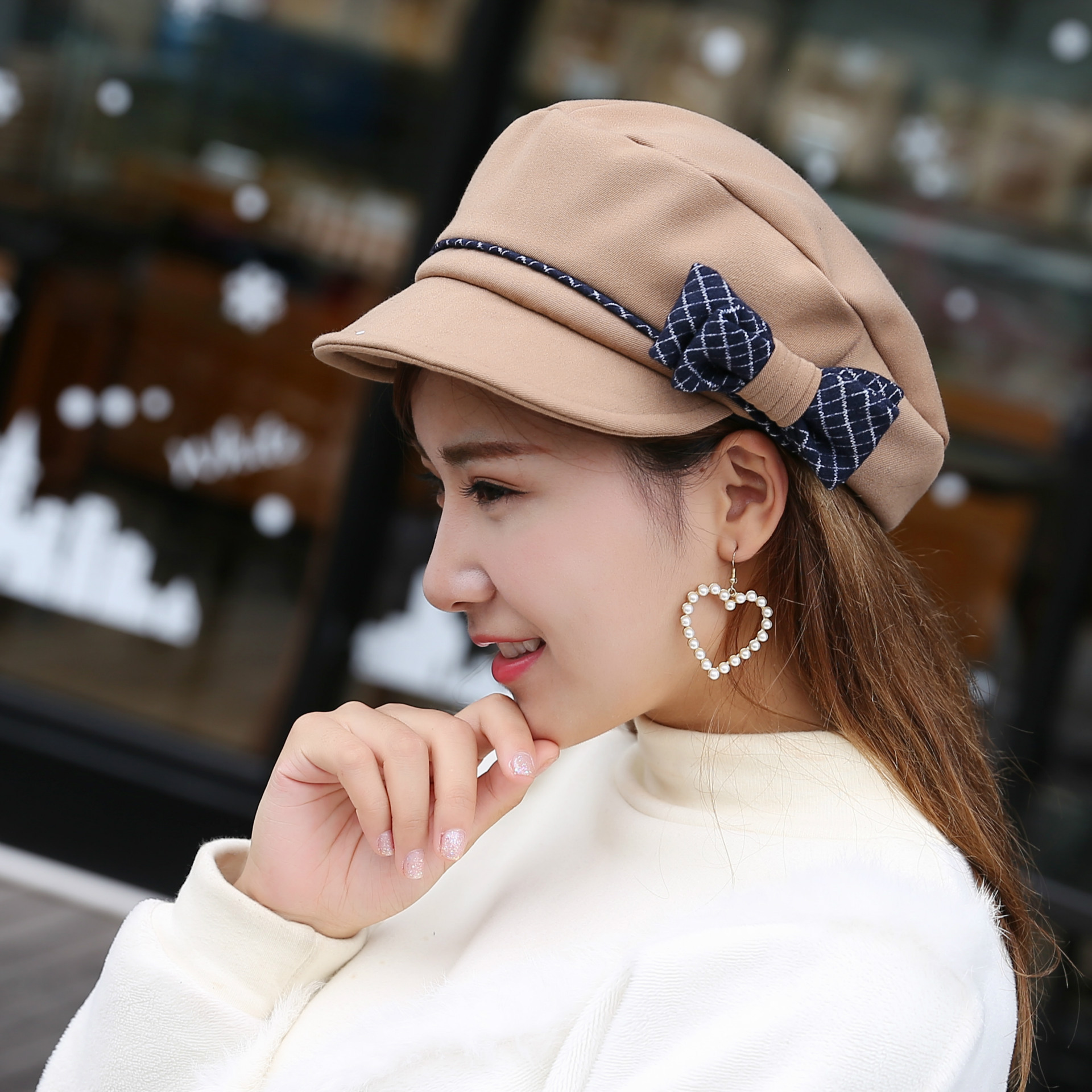 2020春秋新款鸭舌帽手工蝴蝶结贝雷帽羊毛纯色棒球帽时尚百搭女帽