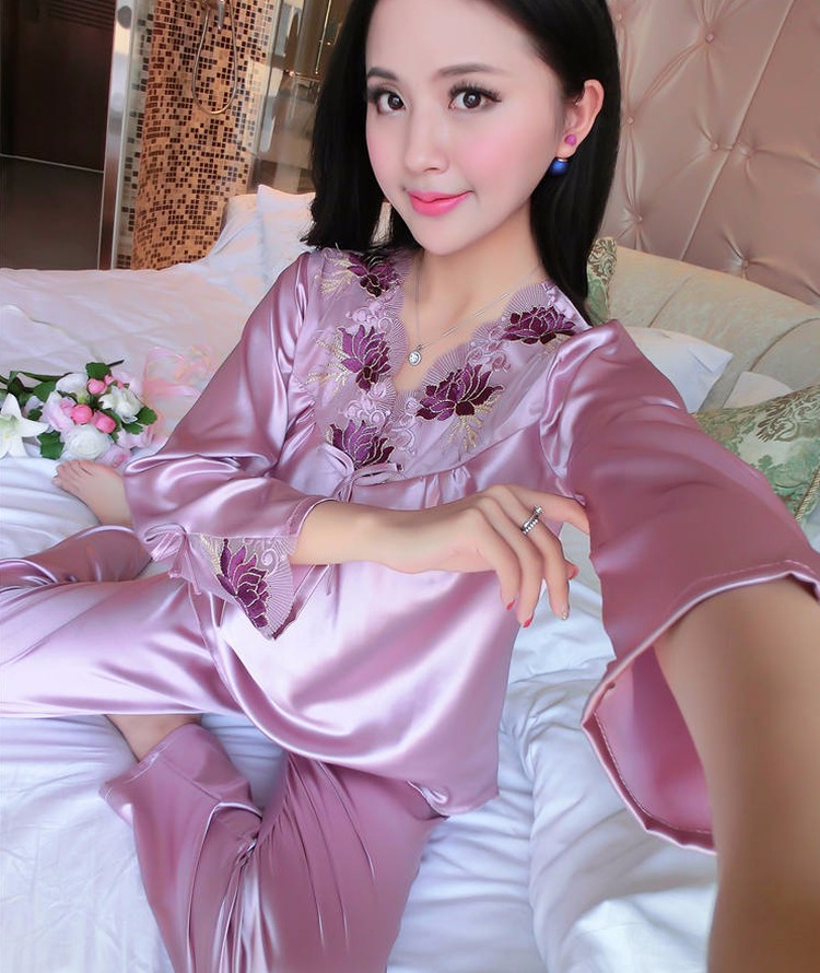 睡衣女士春秋蕾丝丝绸睡衣套装冰丝薄款睡衣