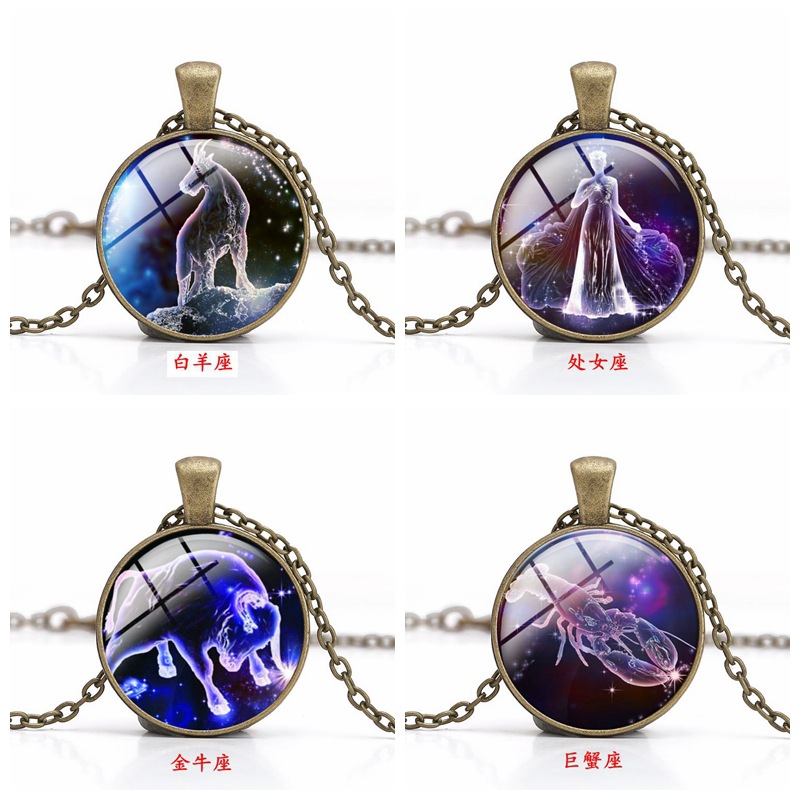 亚马逊新款饰品热卖 欧美星空时光宝石吊坠 12星座项链 一件代发