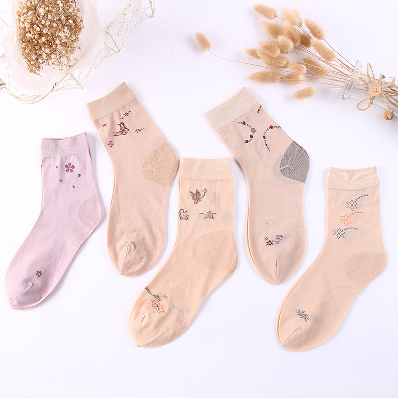 Spring and Summer Women's Bending Plate Stockings Women's Stockings with Heels Middle-Aged and Elderly Female Stocking Flower Stockings with Patterns