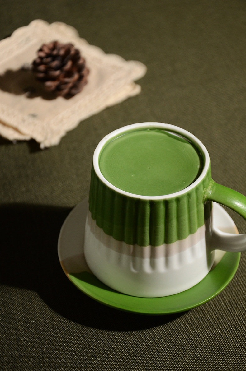 西式咖啡厅磨砂马克杯带勺 绿色咖啡杯配底座创意简约陶瓷水杯子