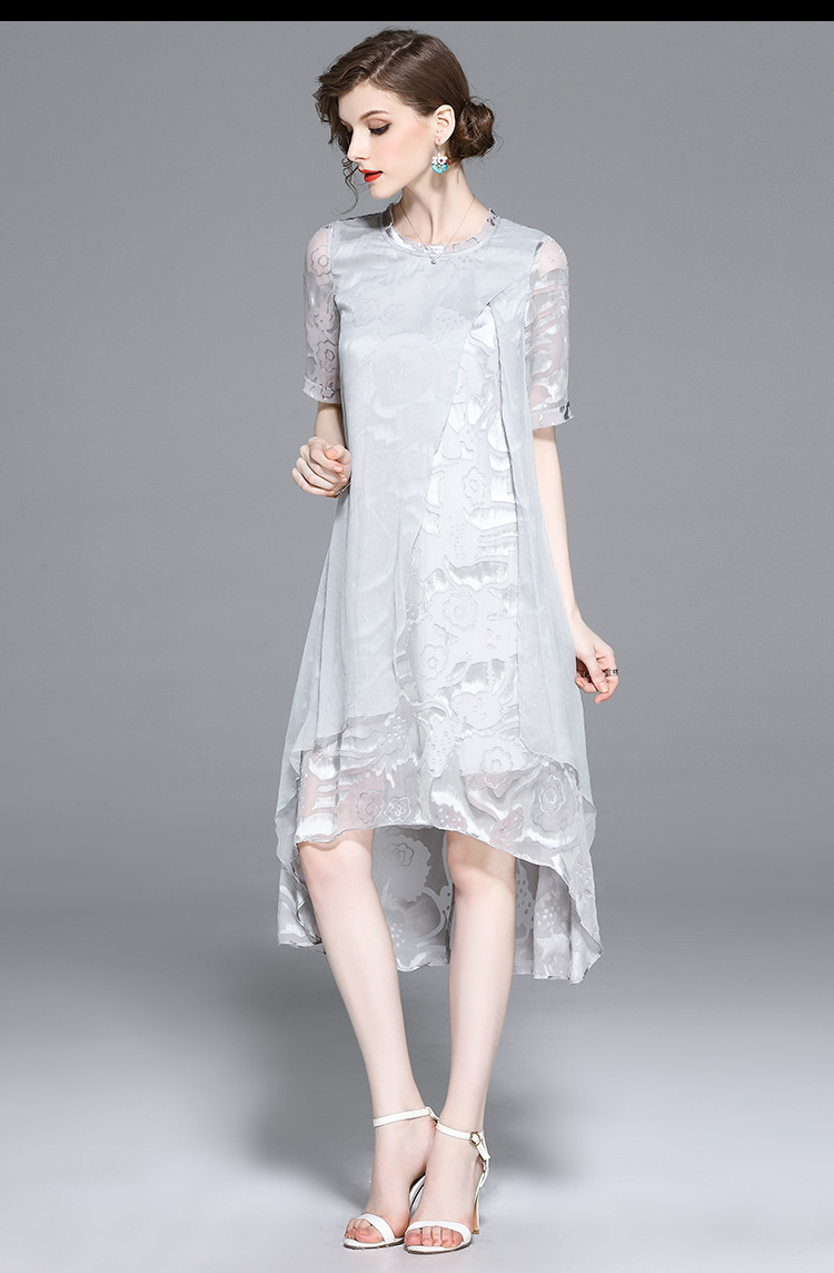 2017夏季新款欧美女装真丝五分袖刺绣宽松大码连衣裙3090