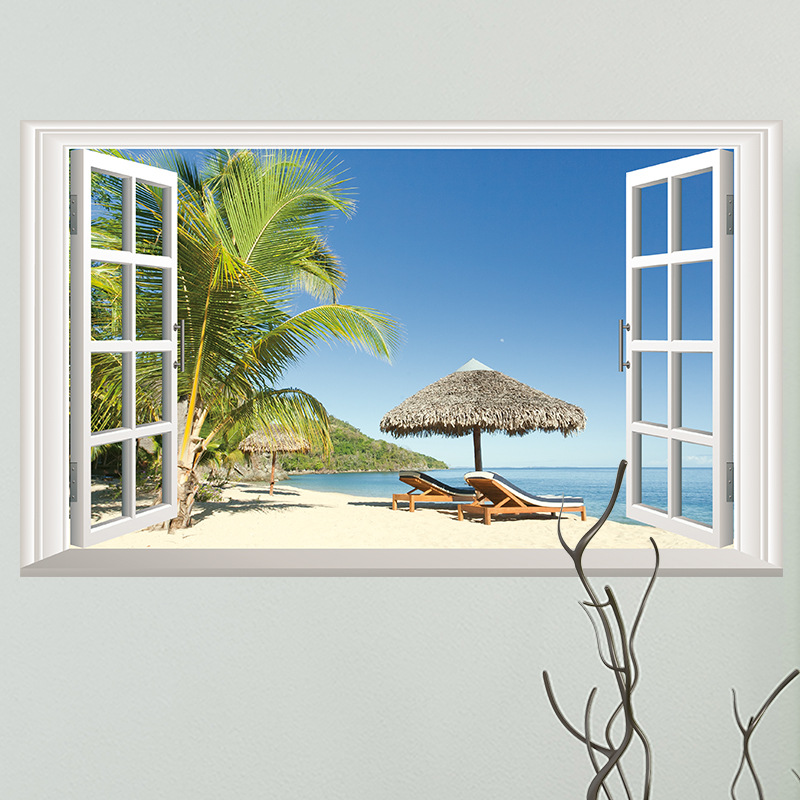 卧室客厅装饰 tmy7012海滩休憩假窗户 可移除pvc美化装饰墙贴