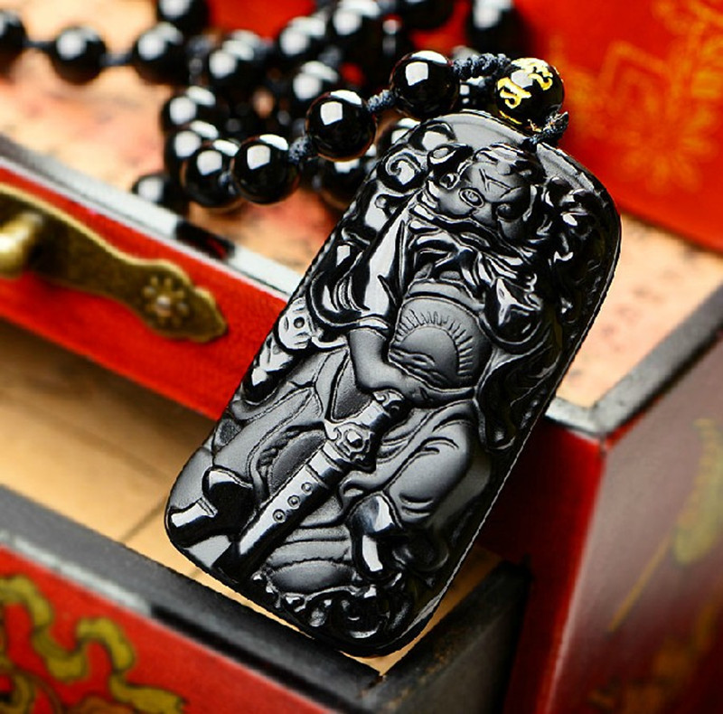 玉石黑曜石钟馗吊坠挂件 男款霸气项链精雕磨砂款-阿里巴巴