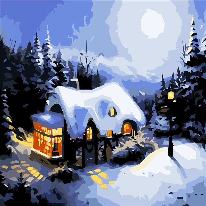 厂家特价批发diy数字油画 40*50cm 手绘客厅卡通装饰画冬天雪景
