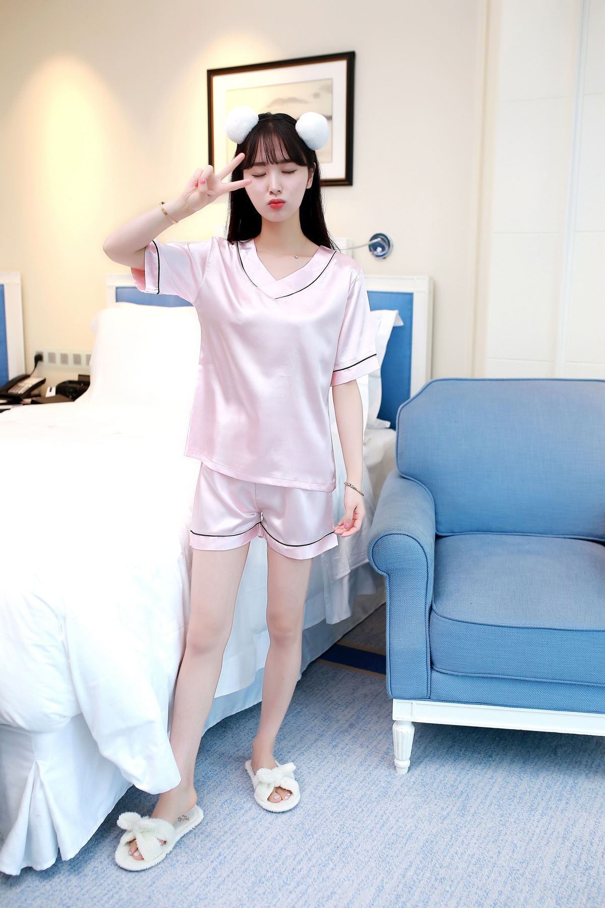 夏季韩版女士睡衣仿真丝短袖短裤套装简约时尚v领_详情