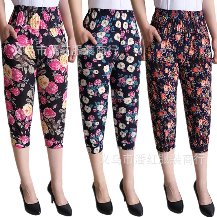 2023 Summer New Middle-Aged and Elderly Casual Women's Pants Cropped Loose Bloomers Thin Mom Wear Colorful Pants Wholesale
