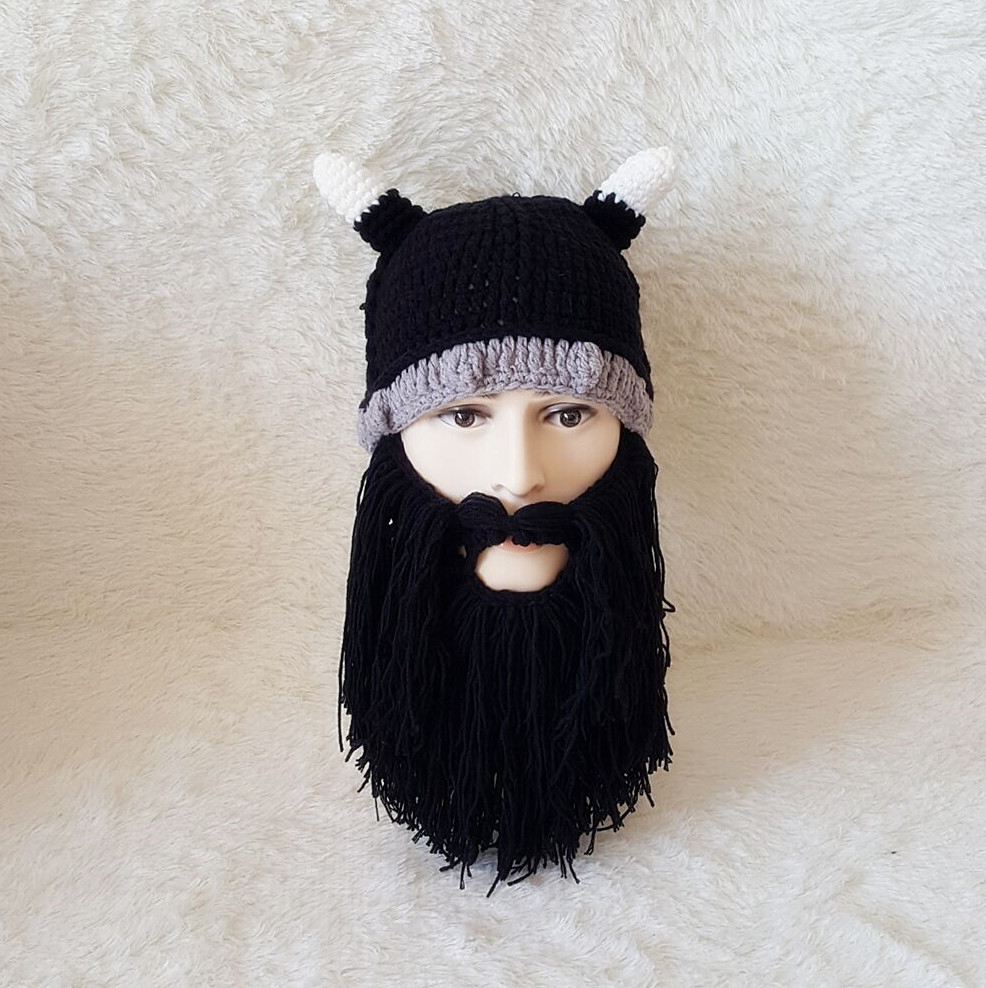 牛角帽子厂家直销秋冬欧美万圣节大胡子帽个性维京手工编织搞怪帽