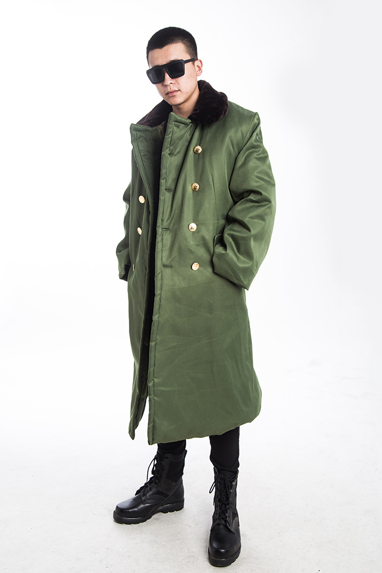 厂家批发草绿色保安冬装执勤加厚棉男女保暖防寒加长款士兵大衣