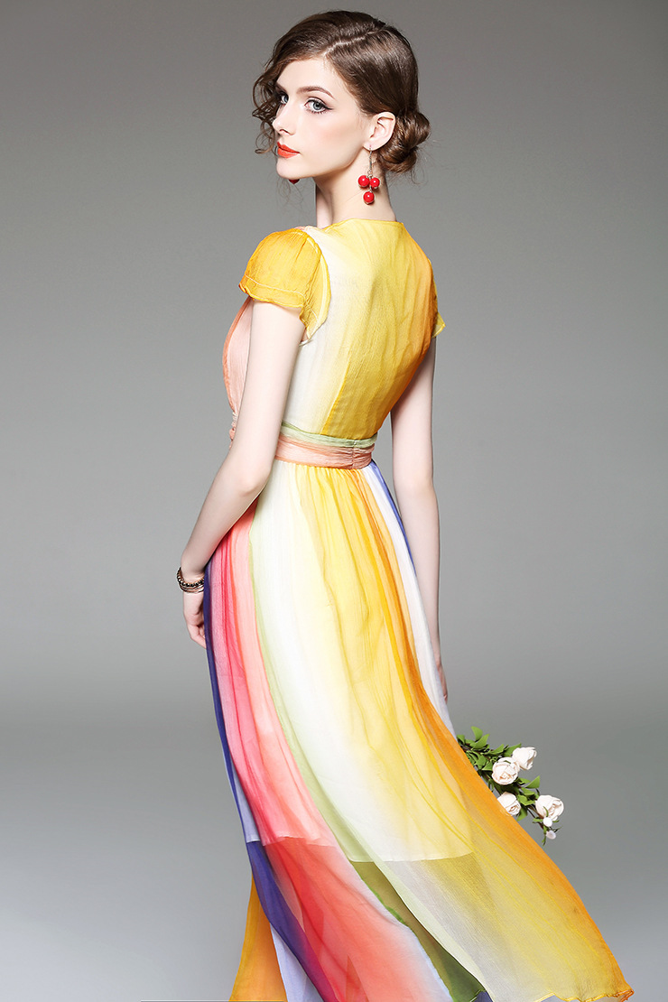 欧洲站2017夏季新款女 欧洲站时尚彩虹裙真丝印花连衣裙 彩色 s